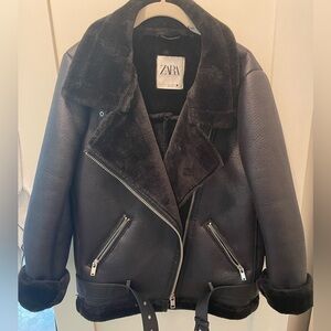 Zara size M black faux shearling biker jacket